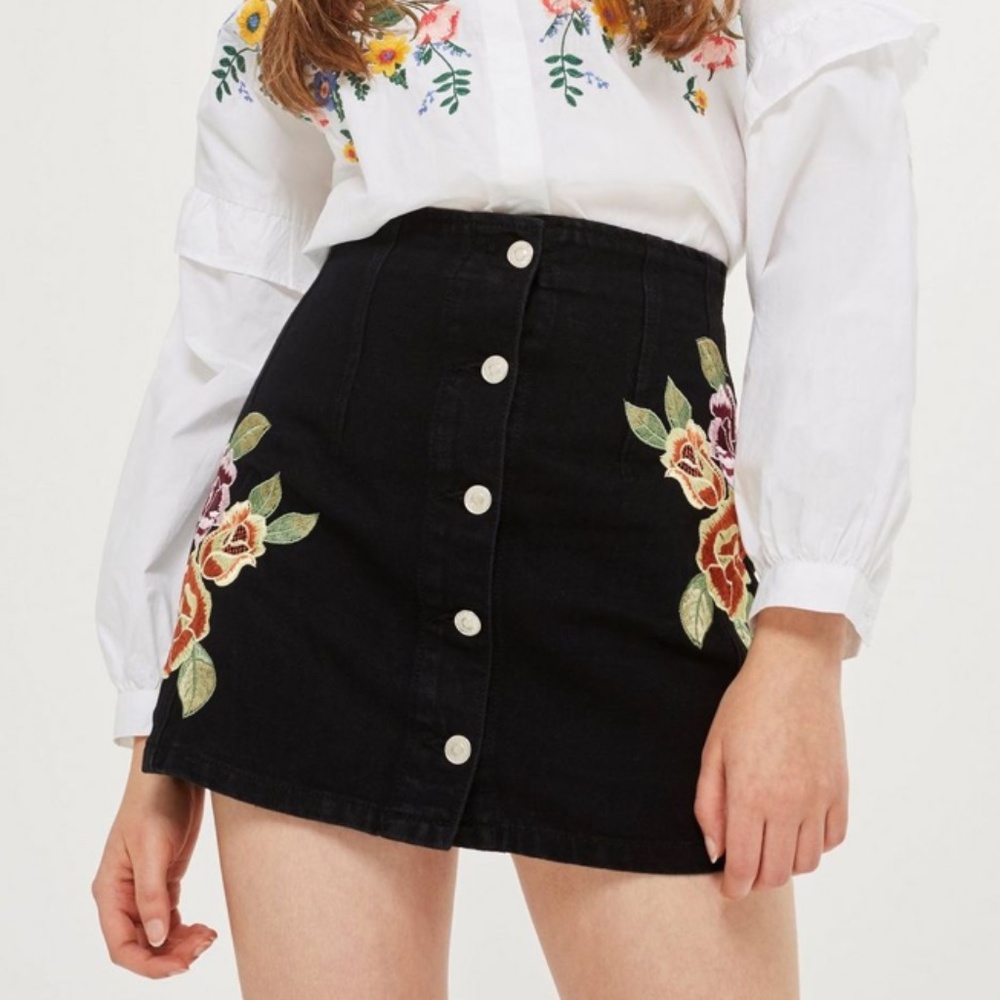 Topshop MOTO Floral Button Denim Skirt